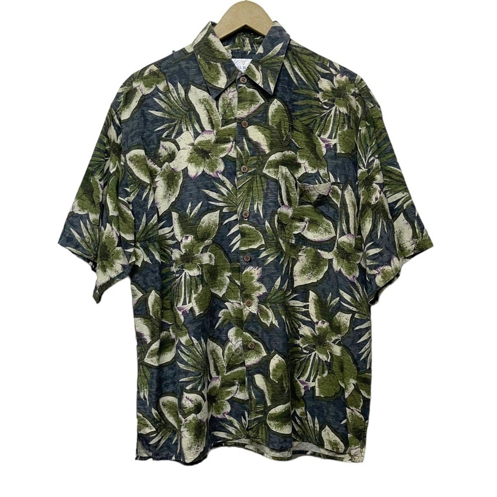 Bill Blass 100% Silk Black Green Tropical Leaf Print Dad Vacation Shirt Size L‎